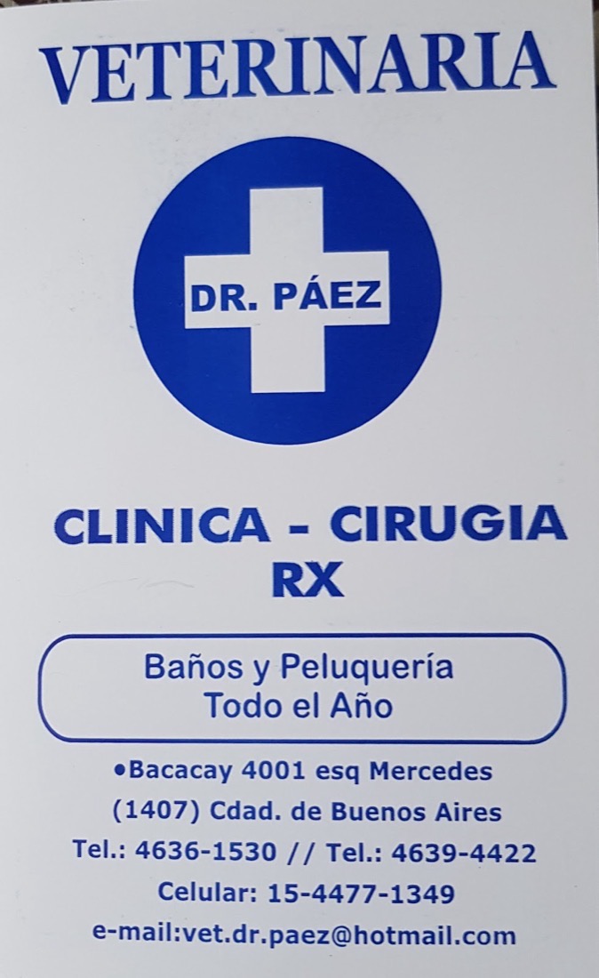 Tarjeta de la Veterinaria Dr. Páez: clínica, cirugía, RX, baños y peluquería todo el año